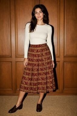100% Silk Wine Gold Fenn Wright Manson Paisley Skirt Sz2 Boho Folk Dark Academia